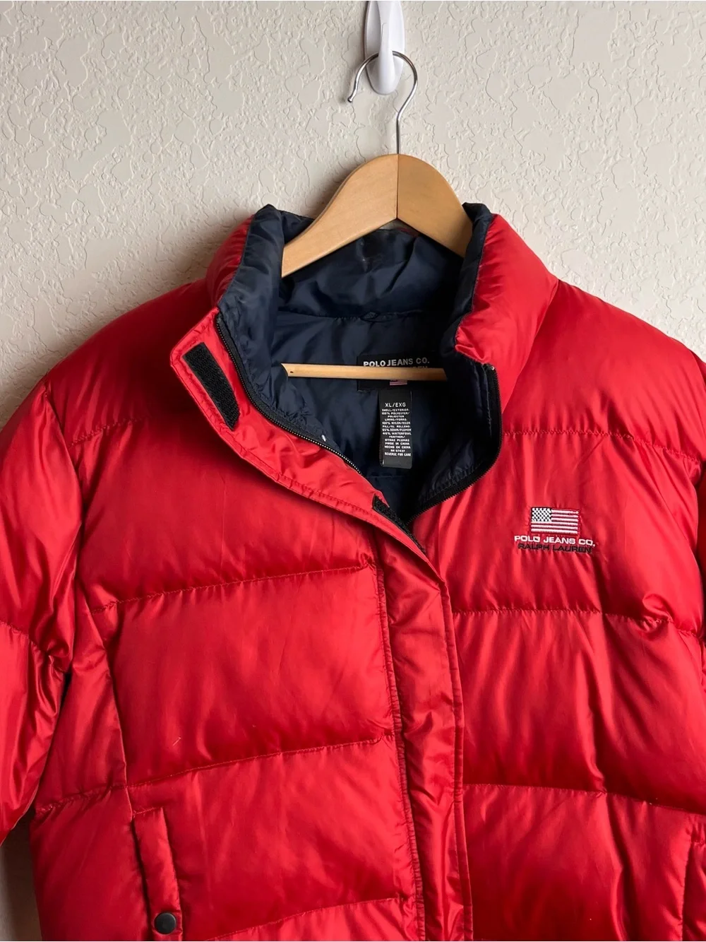 Vintage Polo Jeans Co Ralph Lauren Red Down Puffer Jacket Crop Y2K XL 90s Flag